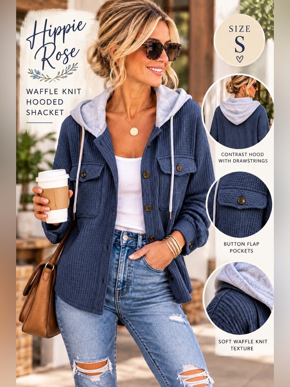 Hippie Rose Navy Blue Waffle Knit Hooded Shacket Size S NWOT